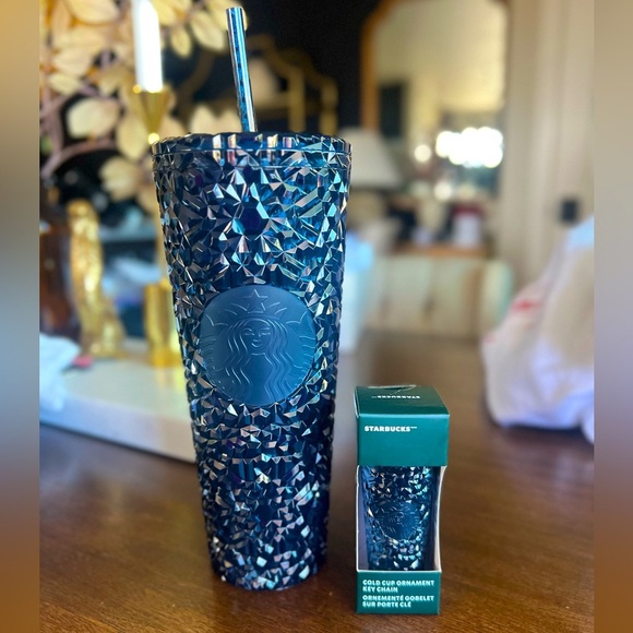 Starbucks Other - STARBUCKS Holiday Deep Navy Blue Cut Gemstone 24 oz Cold Cup & Keychain SET NEW